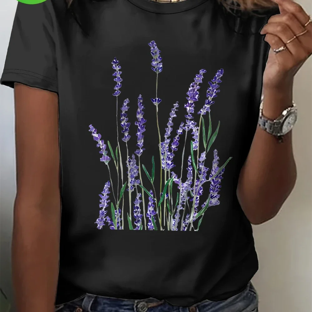 Damen-T-Shirt mit Lavendel-Aufdruck, kurzärmelig, lässiges Oberteil mit Cartoon-Blumenmuster, maschinenwaschbar, für Frühling, Sommer, Herbst