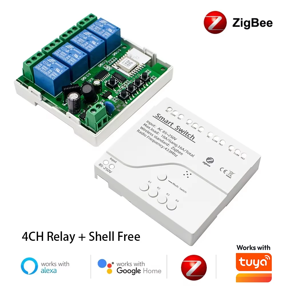 Module de relais de commutation Zigbee 1 2 4 voies, DC 12V 24V 220V, contact sec, contrôleur 4 canaux sur rail DIN, compatible Tuya Alexa, passerelle requise