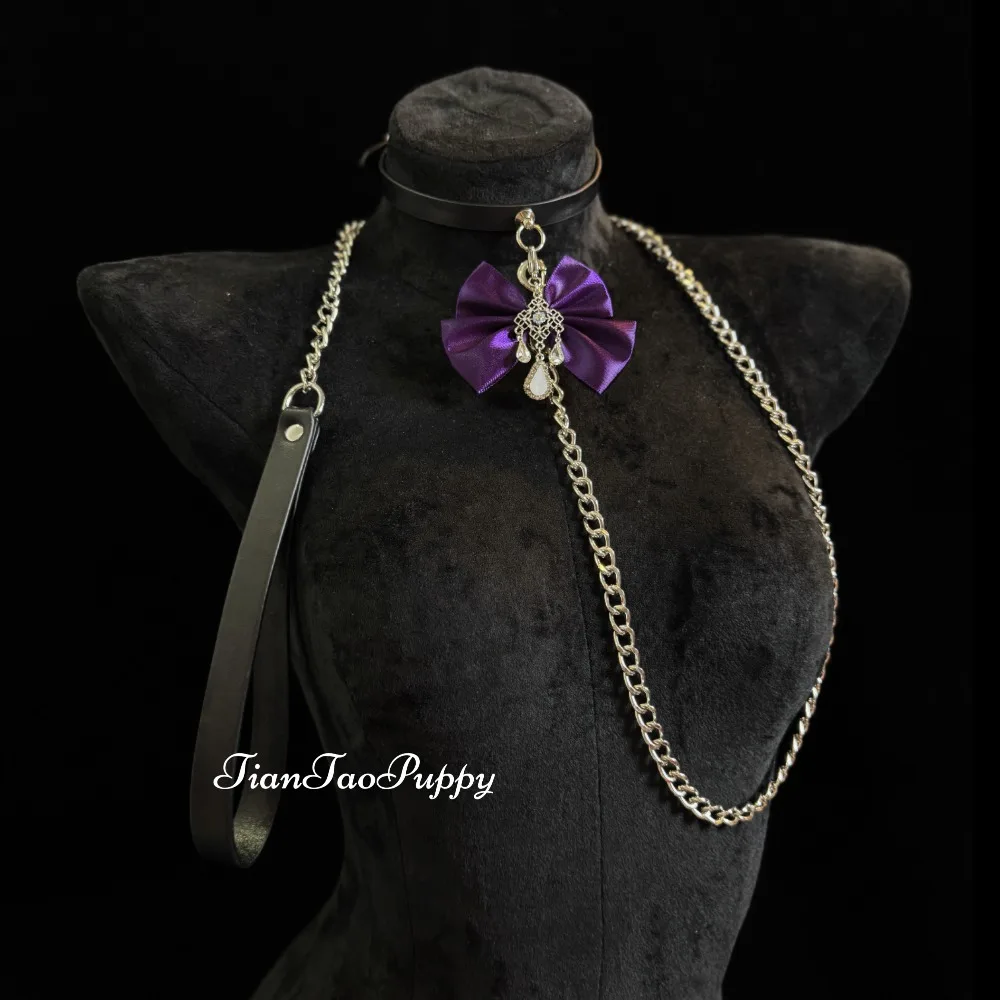 مجموعة صنم BDSM مع قلادة جلدية ومشابك للحلمة، سلسلة جسم قابلة للإزالة بعقدة على شكل فيونكة أرجوانية، مشابك سيليكون قابلة للتعديل للنساء #5