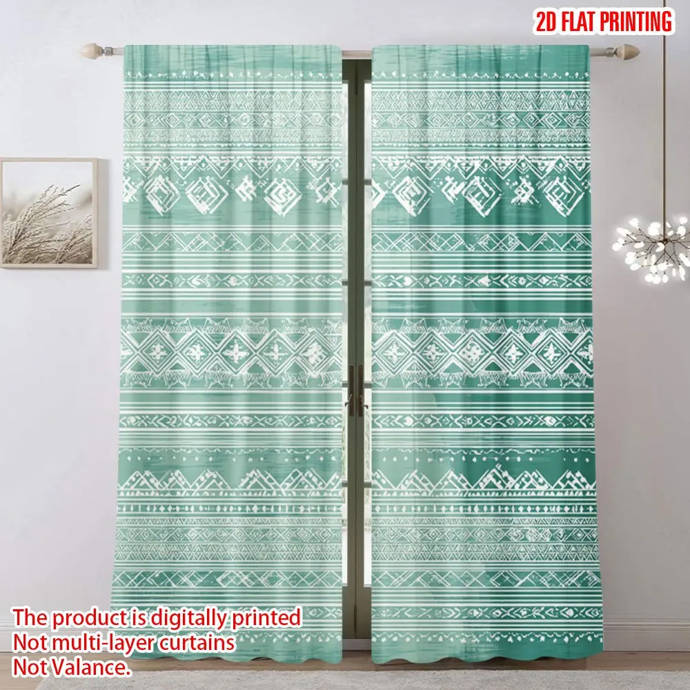 Green geometric tribe pattern curtains, pole-mounted installation. Suitable for living rooms, bedrooms, dining rooms and hotels.