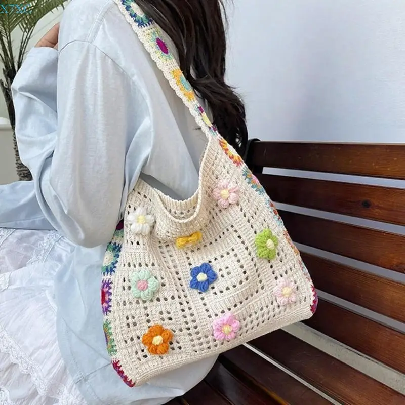 

X7XC Crochet Toted Bag Summer Beach Bag Women Aesthetic Mesh Toted Bag Hippies Bag Crossbody Bag Aesthetic Shoulder Handbag