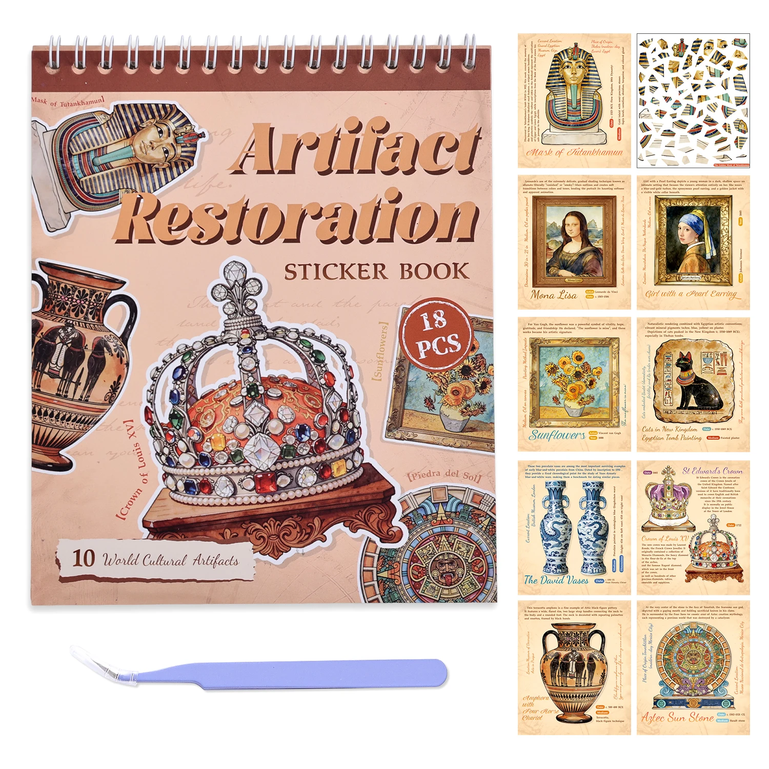 

10 World Cultural Antiquities Puzzle Sticker Book, Vintage Egypt Crown Mask Pattern for Adults Teens Antique Lover