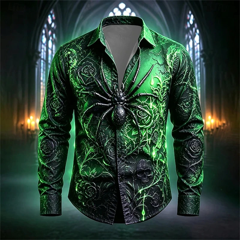 2026 Men's Halloween Long-Sleeve Shirt Spooky Double Snake Print Collared Button-Down Shirt Trendy Loose-Fit Men's Top