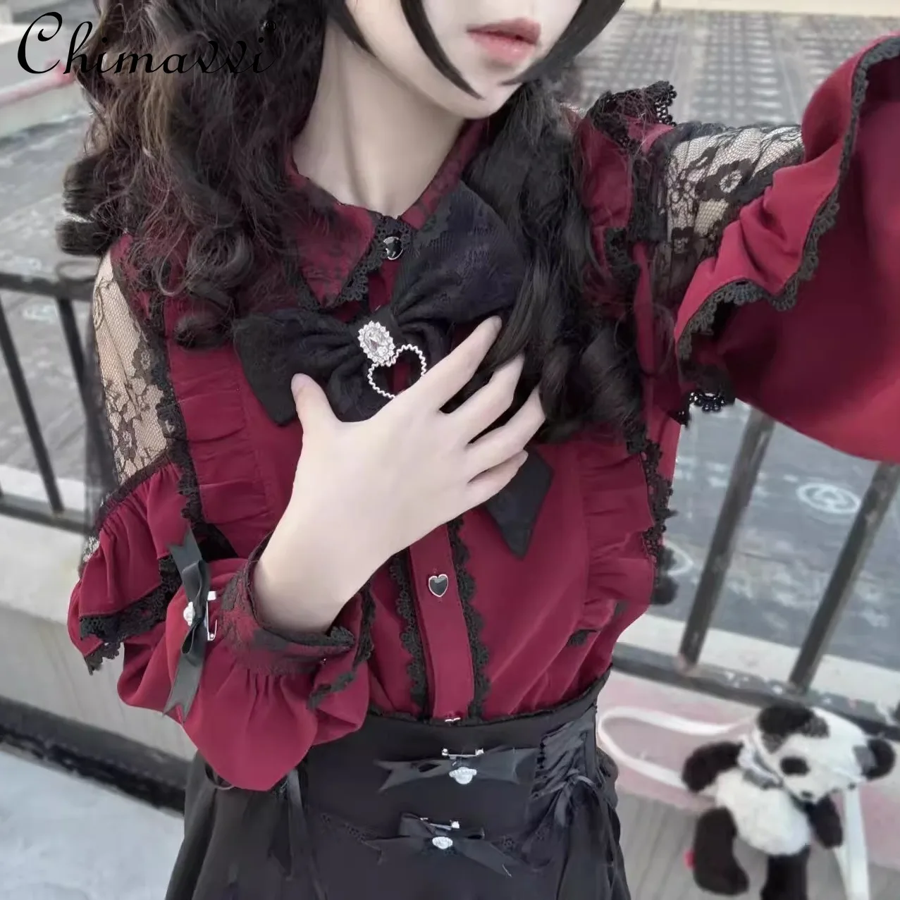 

Комплект японской юбки субкультуры, осень 2021, серия Mine, кружевная рубашка с длинными рукавами, топ + юбка, комплект из двух предметов для девочек в стиле готической Лолиты