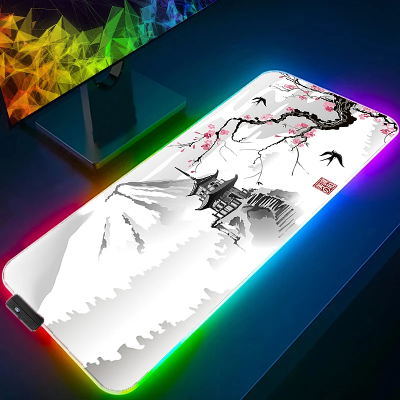 LED Light RGB Mouse Pad PC Computer Gamer Gaming Mousepad Keyboard Desk Mat Japanese Dragon Cherry Blossom Anime Hexagon Carpet