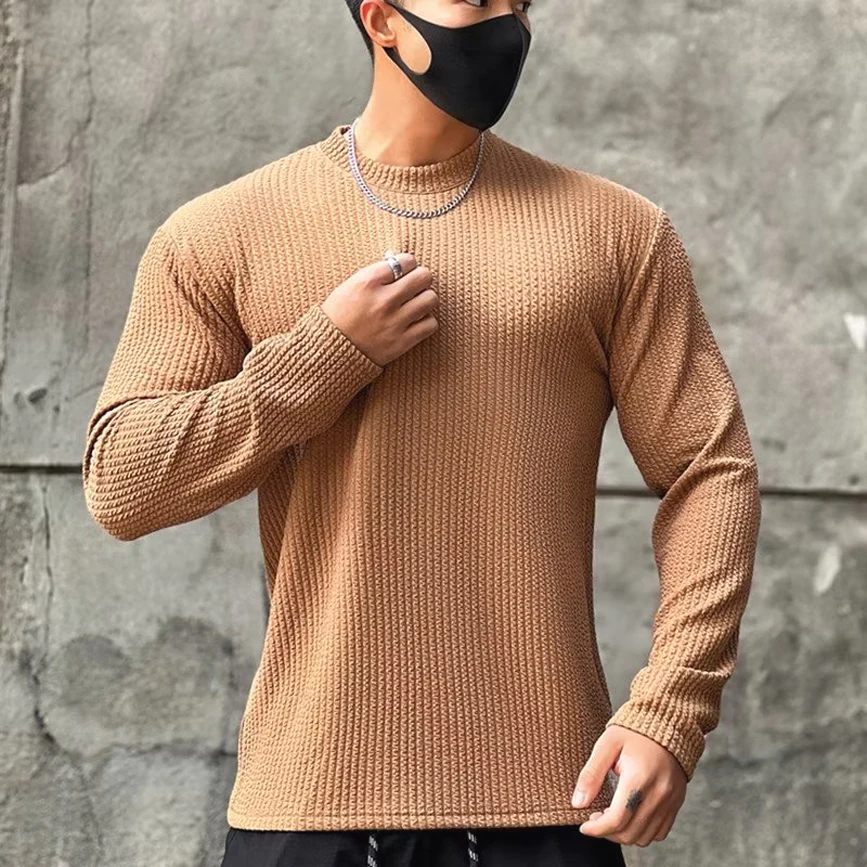 

Fitn Training Muscle T-irt Elastic Long Sve Slim Fit round Ne Wfle Pattern Embroidery Youthful Sle Autumn Faion