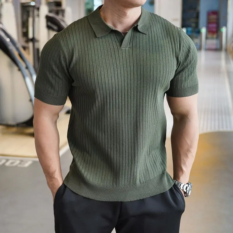 Knit Sweater Vertical-Stripe Polo Shirt Ribbed White Top Graphic Jumper Men Clothing Camisas Masculina Versatile T-shirt