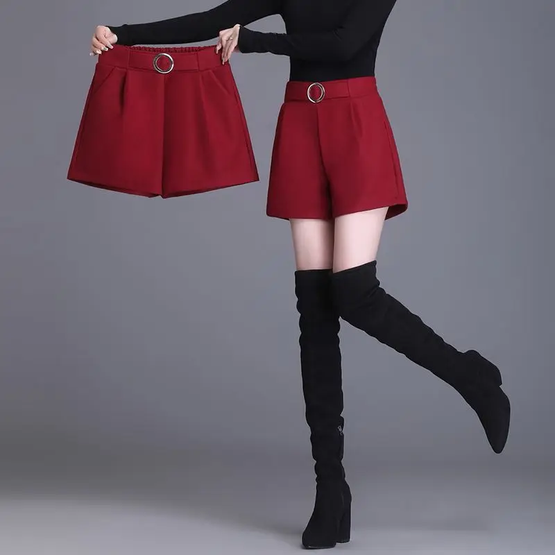 S-4XL Woolen Shorts Women Wide Leg Vintage Pure Gentle Leisure Office Lady High Waist Minimalist Designed Winter All-match Daily