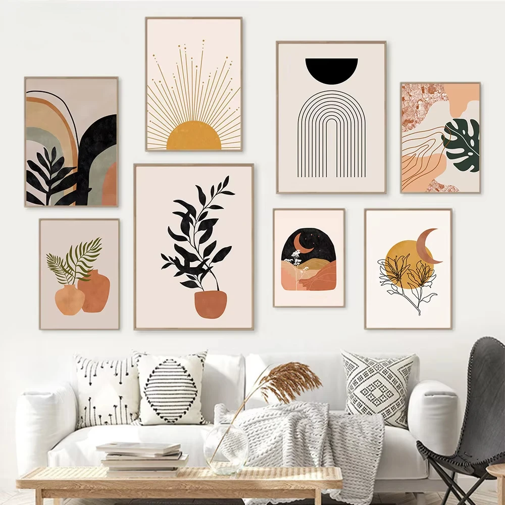 Terracotta Mustard Sun Canvas Painting Abstract Geometry Boho Poster Plant Leaf Art Print Mid Century Wall Pictures Home Decor