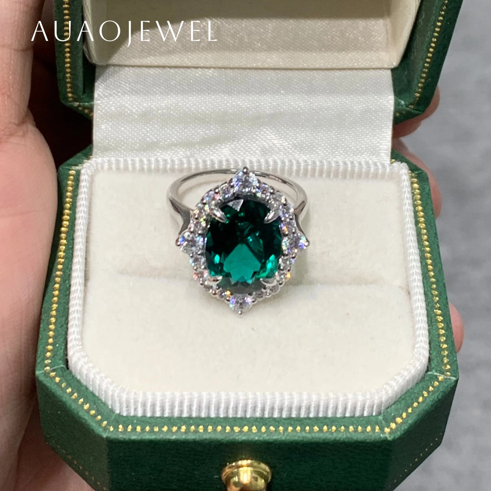 

AUAOJEWEL Lab Emerald Ring 9X12Mm Oval Cut Side Moissanite Rings 18K 9K 14K 10K Real Gold Jewelry Sterling Silver 925 Gifts