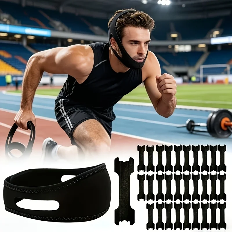 31The set includes a sportswear outfit30Striped sports nose strips and1Adjustable chin strap，Sports nose strips help you breathe