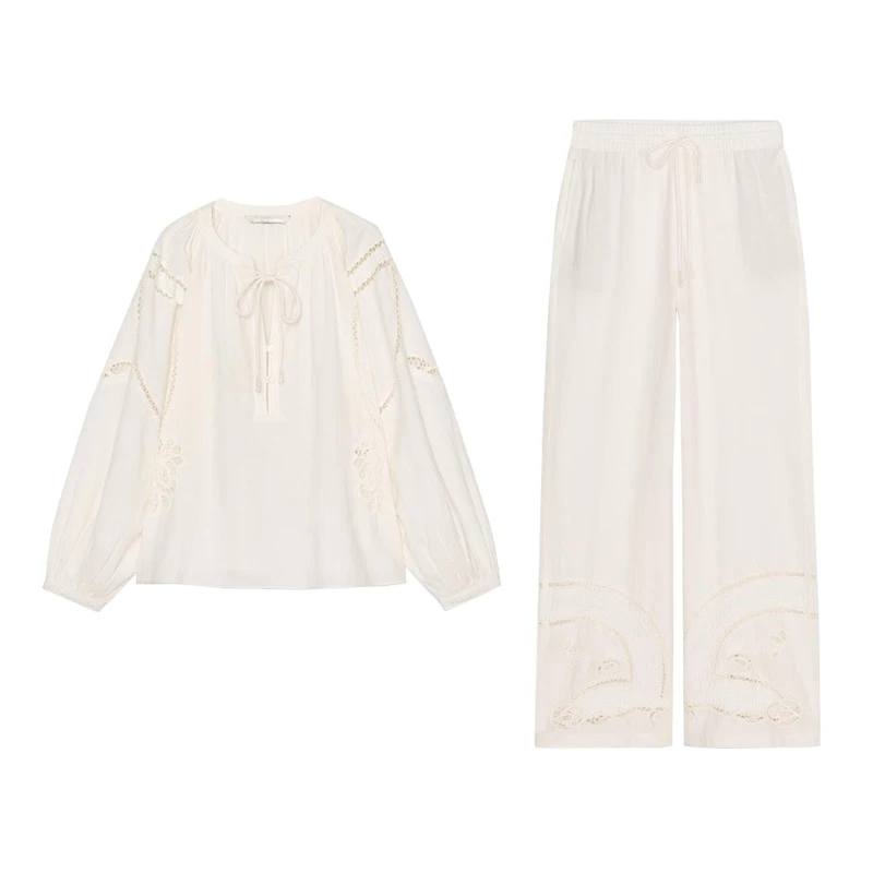 

Loose Long Sve round Ne Embroidered irt Casual Spwear Sle Pants Women's Faion Set V-Ne Overhead Spring 2025