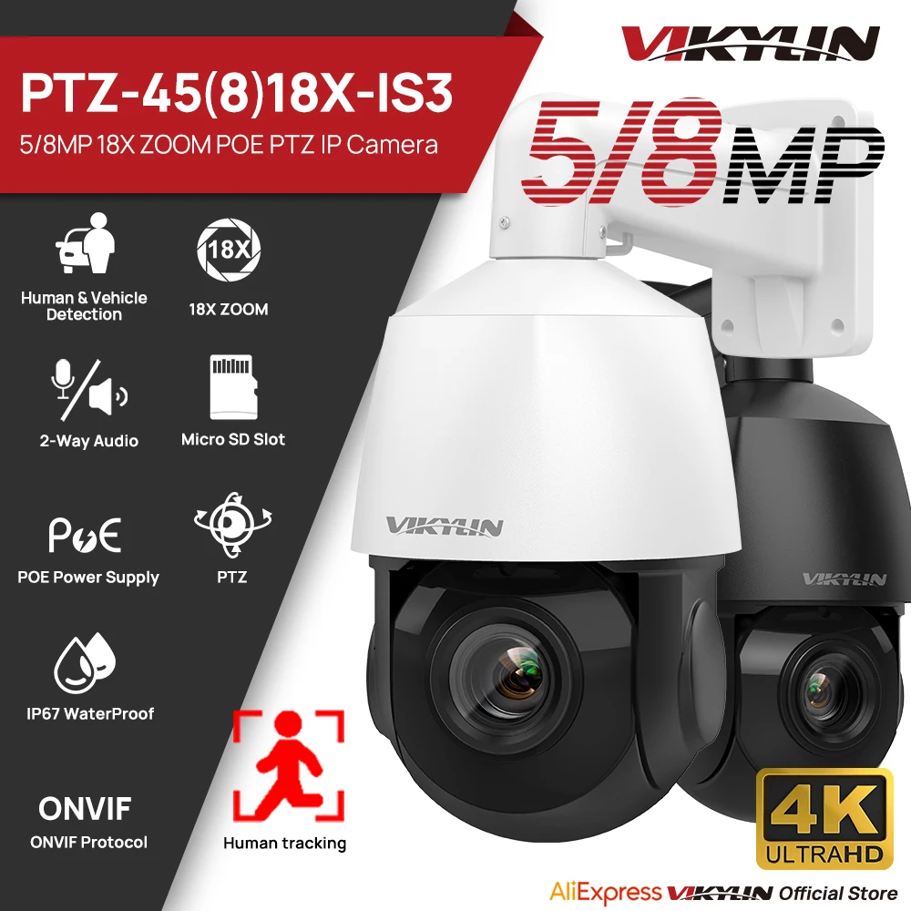 

Vikylin 5/8MP Human Tracking 18X Zoom PTZ IP Camera 100M IR Night Vision Outdoor Video Surveillance Human Car Detection APP Push