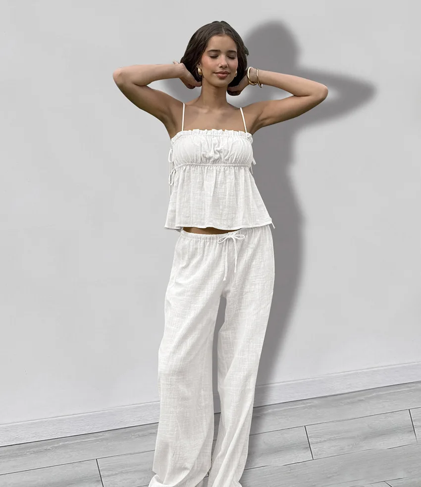 

2025 Summer New Fashion Cotton Suit Comfortable Soft Suspender Top + Strap Trousers Two-piece Pajamas Home Clothes