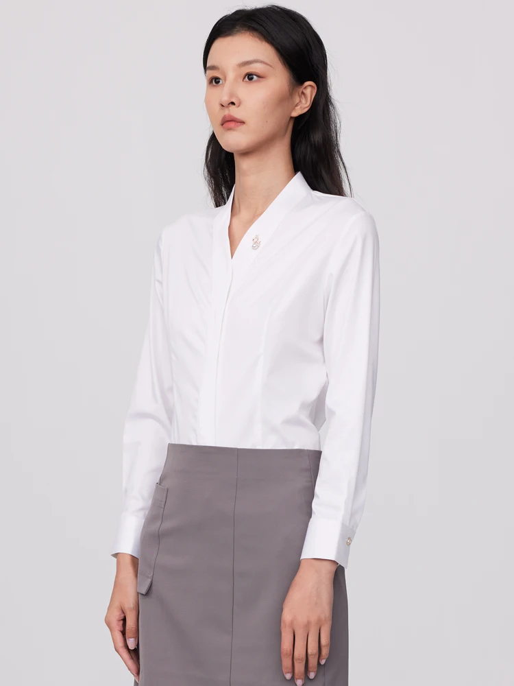 Ladies Office Detachable Brooch V-Neck Dress Shirts Without Pocket Hidden Buttons Placket Long Sleeve Slim-fit Female Shirt