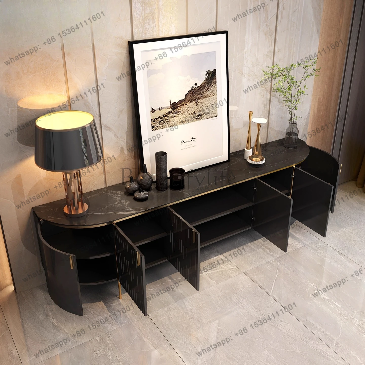 Italian light luxury TV cabinet marble high-grade black new rock slab storage floor cabinet