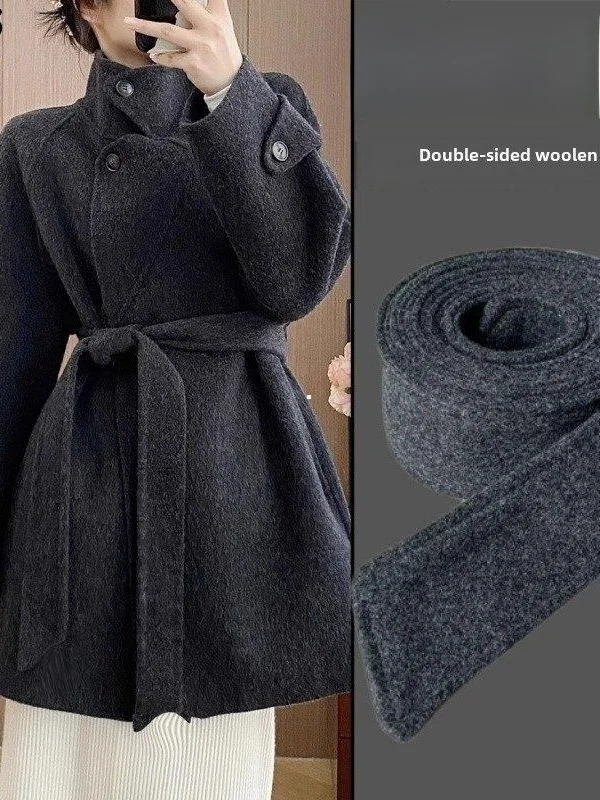 コート用両面ウールウエストベルト-レディース装飾アクセサリー-ディープグレー-バーガンディ-アウターウェア-タイウエストクロス