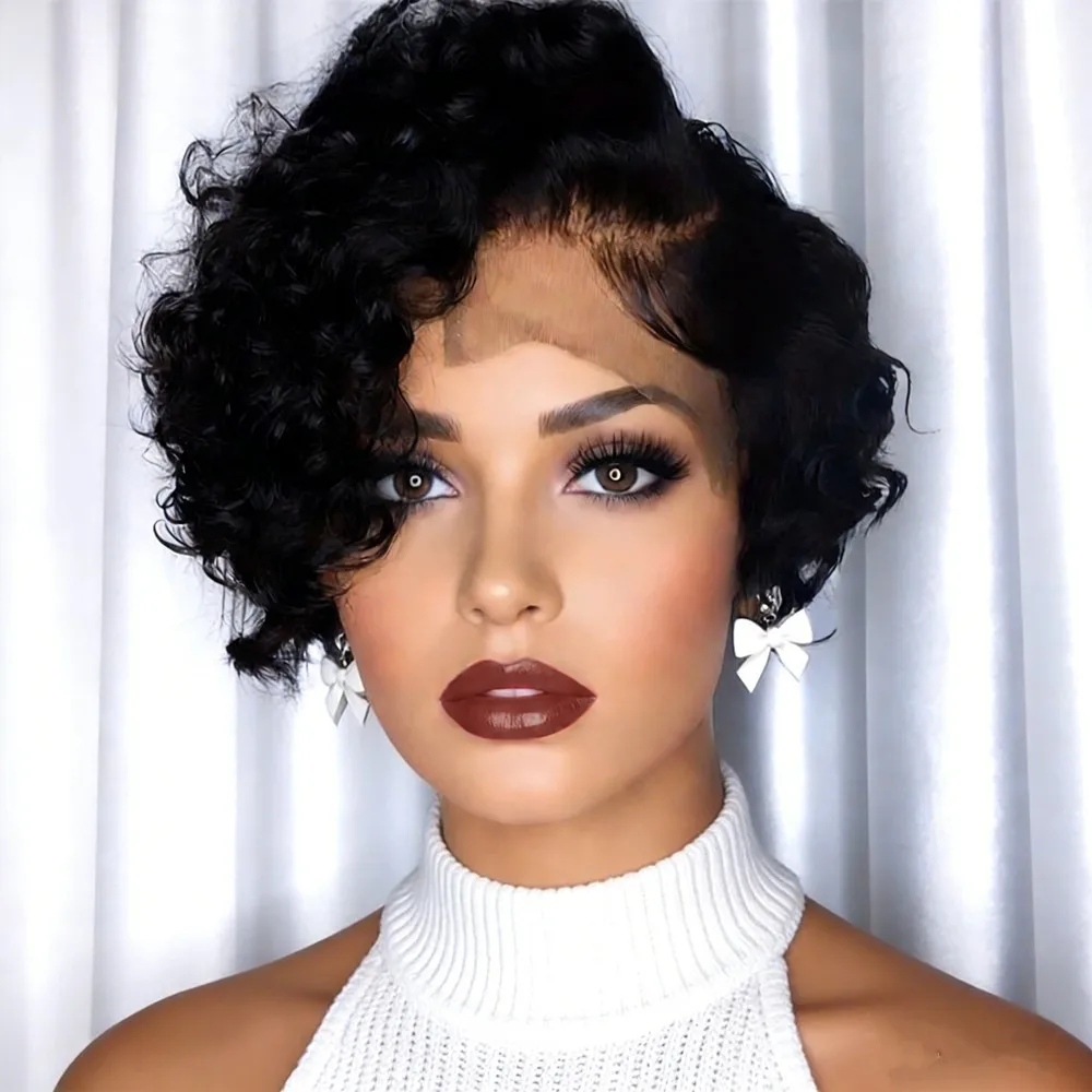 

6-дюймовый парик из натуральных черных волос с прической пикси, короткий кудрявый парик из человеческих волос, 150% плотность, для повседневного использования, 13×1 T-образная кружевная основа