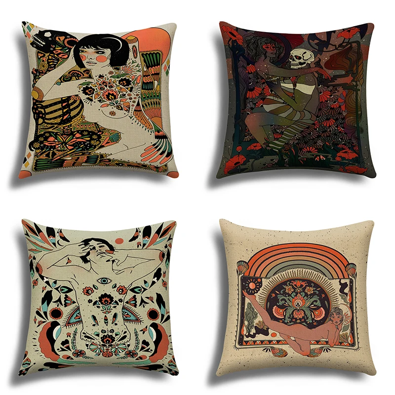 Classic Retro Girl Skull Illustration Cushion Cover Pillow  Sofa   Living Room Bedroom Soft Home Decoration