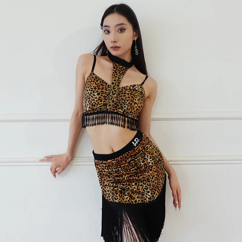 

2024 New Leopard Print Tassel Backless Tops Split Skirt Practice Outfit For Women Chacha Rumba Tango Latin Dance Dress DQS16838