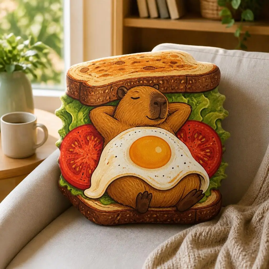Capybara Breakfast Sandwich Shaped Plush Pillow Brunch Cushion Stuffed Throw Pillow for Capybara Lovers Sofa Decor Gift