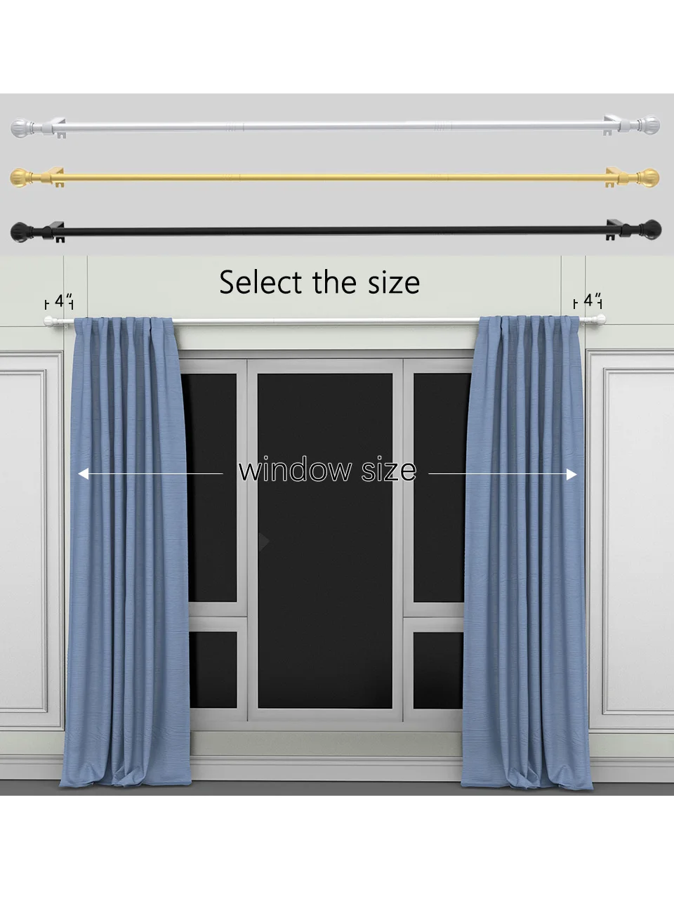 5/8 Zoll Metall-Gardinenstange/Römerstange, maximale Länge 45 Zoll - 147 Zoll, geeignet für 1m, 2m, 3m Fenster, verstellbares Gardinenstangensystem, moderner Dekorationsstil. – Detail 5