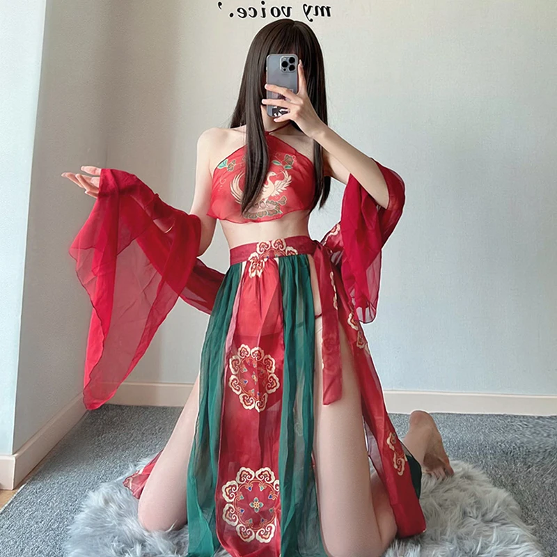 

Sexy Lingerie Women Chinese Classic Bride Outfit Anime See Through Erotic Wedding Set Red Hanfu Sleepwear Cosplay Costumes