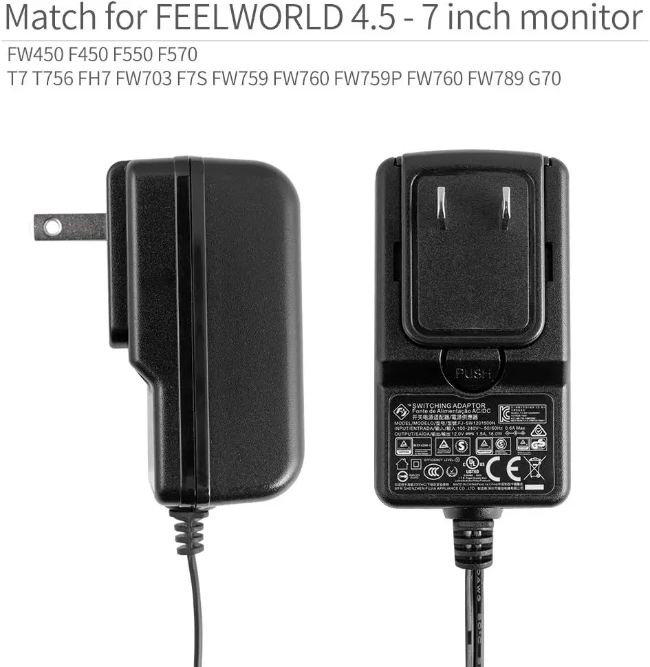 Adaptador de Alimentação de Comutação Feelworld, DC 12V, 1.5A, 100V-240V, AC 50Hz, 60Hz, F6 Plus, V2, F5 PRO, V4, F570, T7, FW759