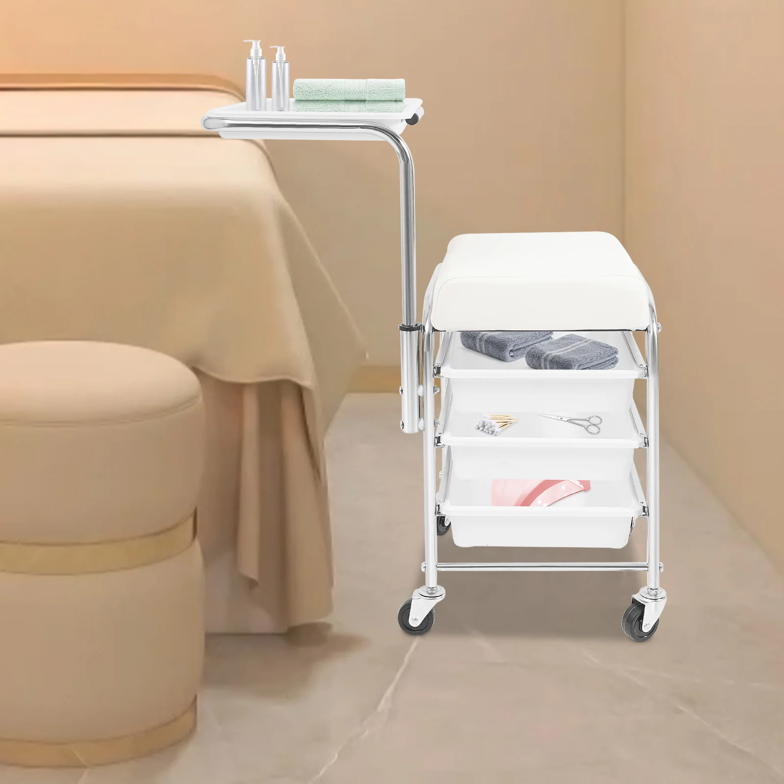 

Белая мобильная тележка для маникюра со встроенным стулом для повышения эффективности работы салона