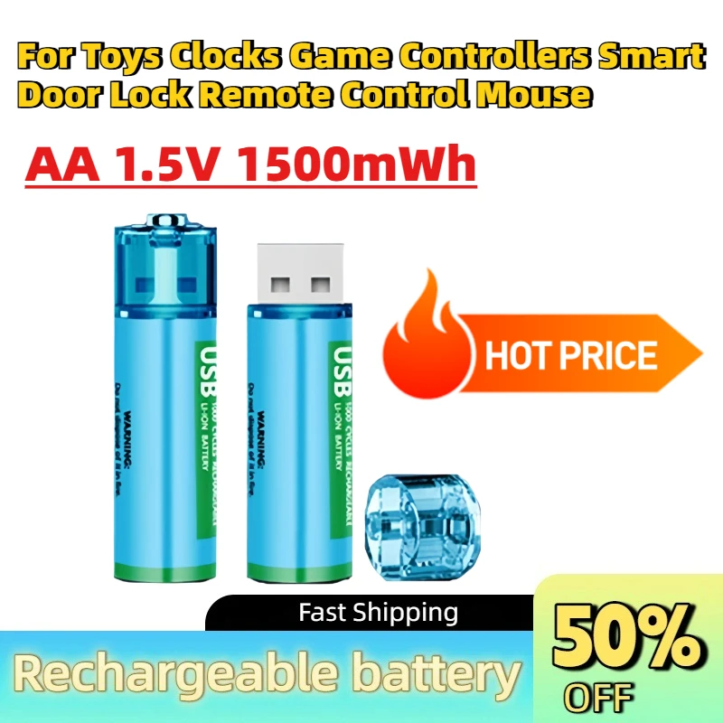 Durable AA 1.5V 1500mWh Li-ion Battery USB Direct Charging for Toys Clocks Game Controllers Smart Door Lock Remote Control Mouse