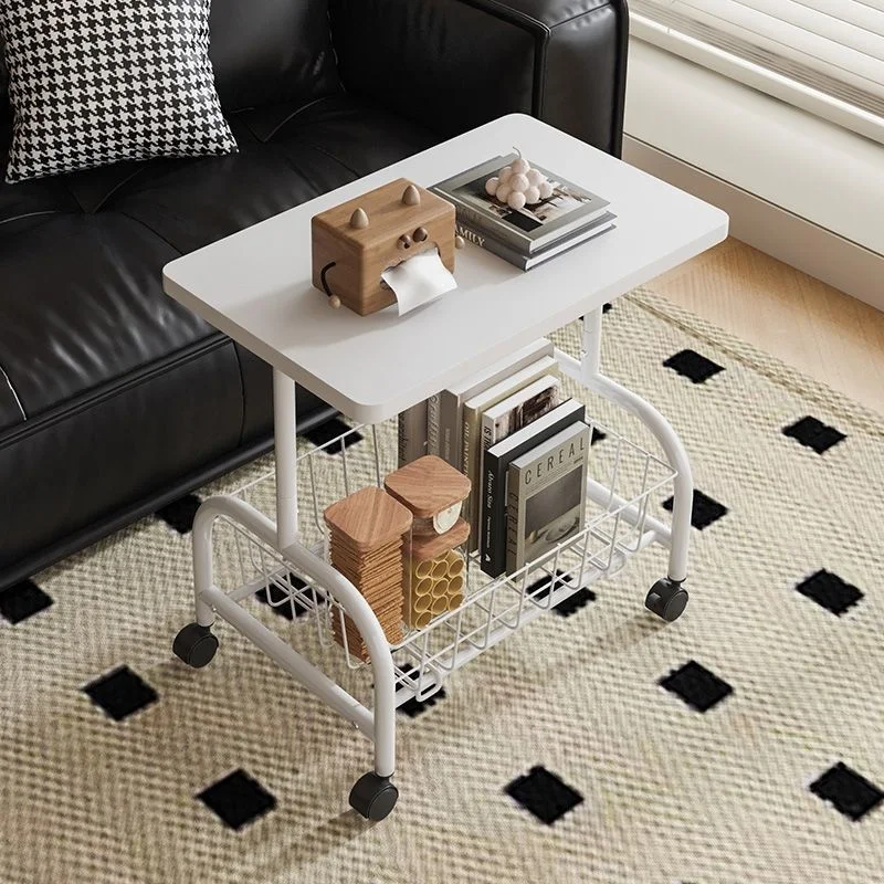 Sofa Side Table Movable Bedside Cabinet Storage Shelf Tea Table Mobile Small Cart elf with Wheels Home Use Storage with Basket P