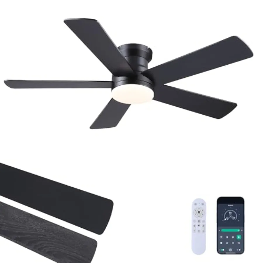 

Ceiling Fans with Lights - 48" Black Flush Mount Ceiling Fan Light with 6 Speeds 3CCT Dimmable, Revesible Motor, Low Profile Fa
