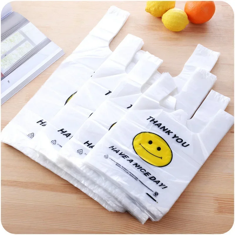 50pcs/Lot Supermarket Plastic Bags Transparent Shopping Bag Handle Fruit Food Packaging Carry Out Bags