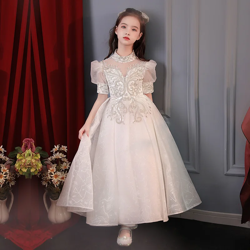 Girls' Birthday Stylish Princess Dress Flower Girl Gown White Tulle Children's Host Show Piano Performance Dress Spring