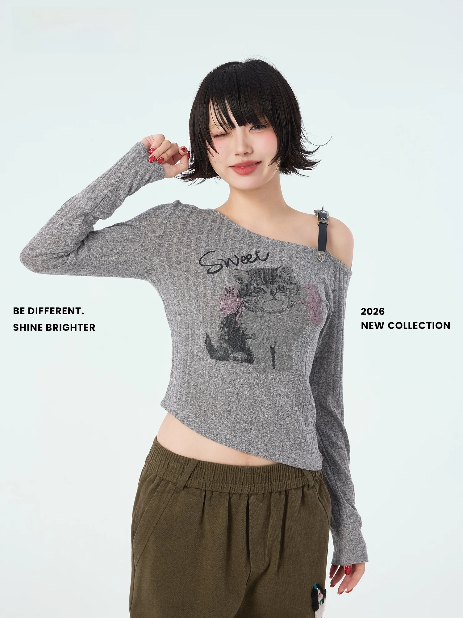 

Didimax Spring New ey Slim Fit oulder Women's Top Long Sve T-irt Pattern Casual Sle Polyester Fiber ort Length