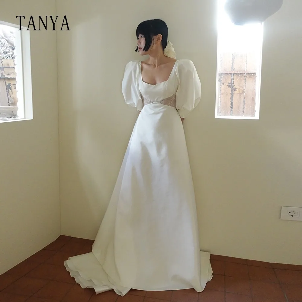 TANYA Square Neck A Line Satin With Lace Wedding Dresses Korean Style Puffy Short Sleeves Sweep Train Simple Bridal Gown G4863