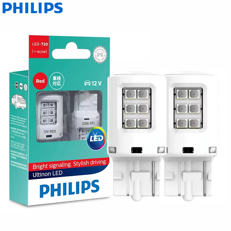 Philips W21W T20 7440 LED Ultinon Red Color Car Turn Signal Indicators Bulbs Rear Fog Light Stop Lamp 11065ULRX2, Pair