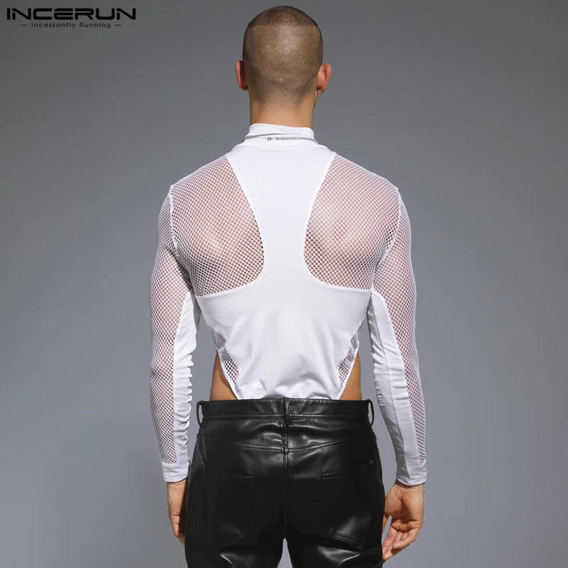 INCERUN Men Bodysuits Mesh Patchwork Sexy Turtleneck Long Sleeve Skinny T Shirt Men Streetwear Transparent 2023 Fashion Bodysuit