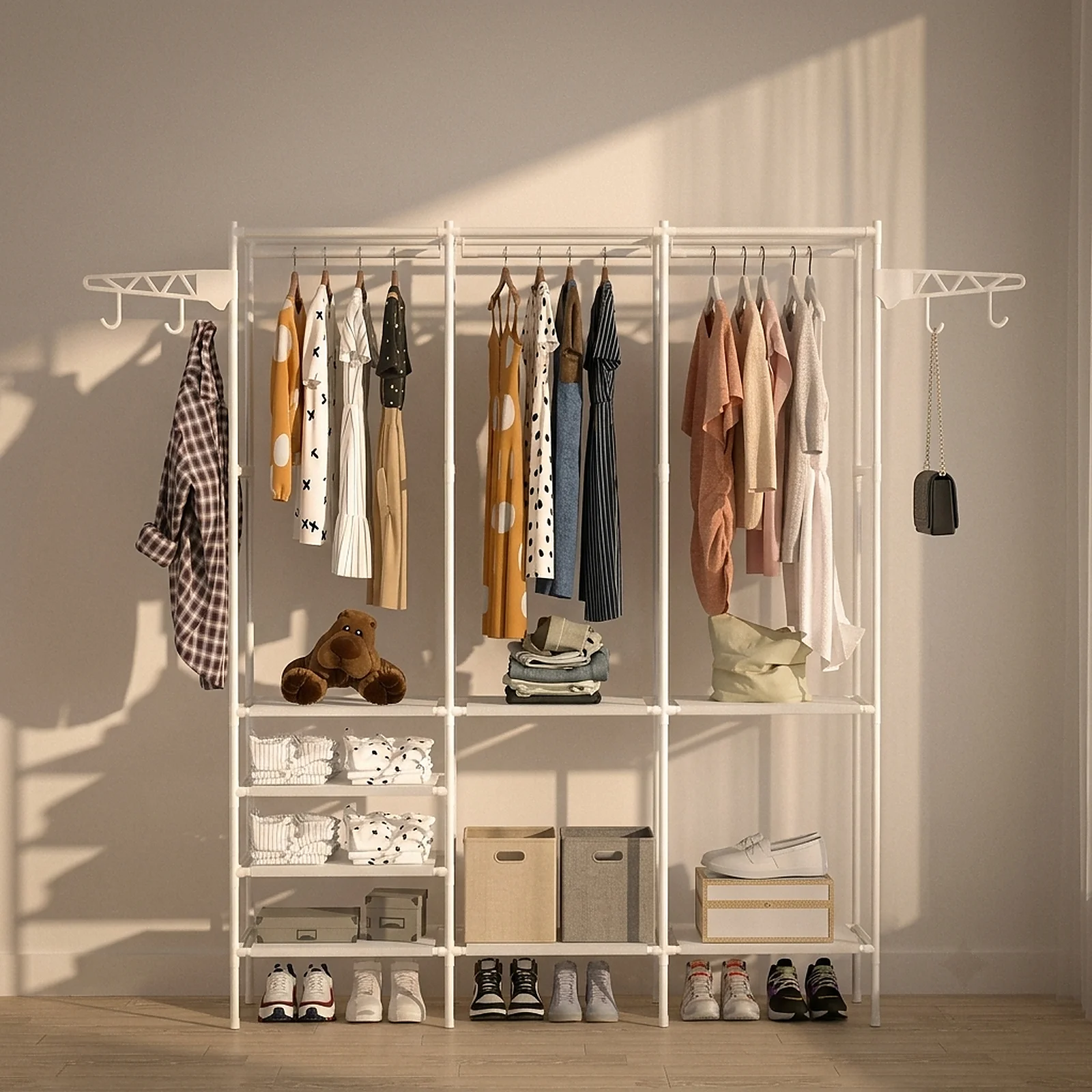 Zoyiancy 63 Inch White Clothing Rack, Heavy Duty 3 Row Wardrobe Storage Organizer with 3 Hanging Rods, Shelves & Side Hooks for Bedroom Closet and Laundry Room