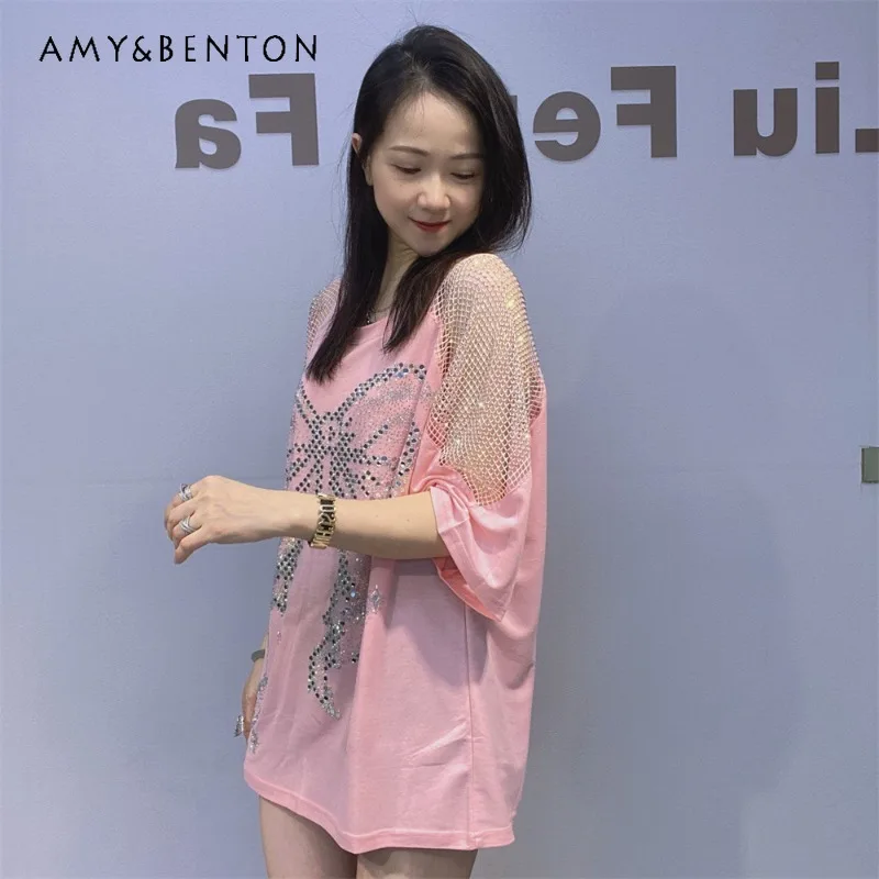 

Unique Design Bow Diamond Short-sleeved Top Off-the-shoulder T-shirt Women's Loose Oversize Top Crew Neck Pullover T Shirts Girl