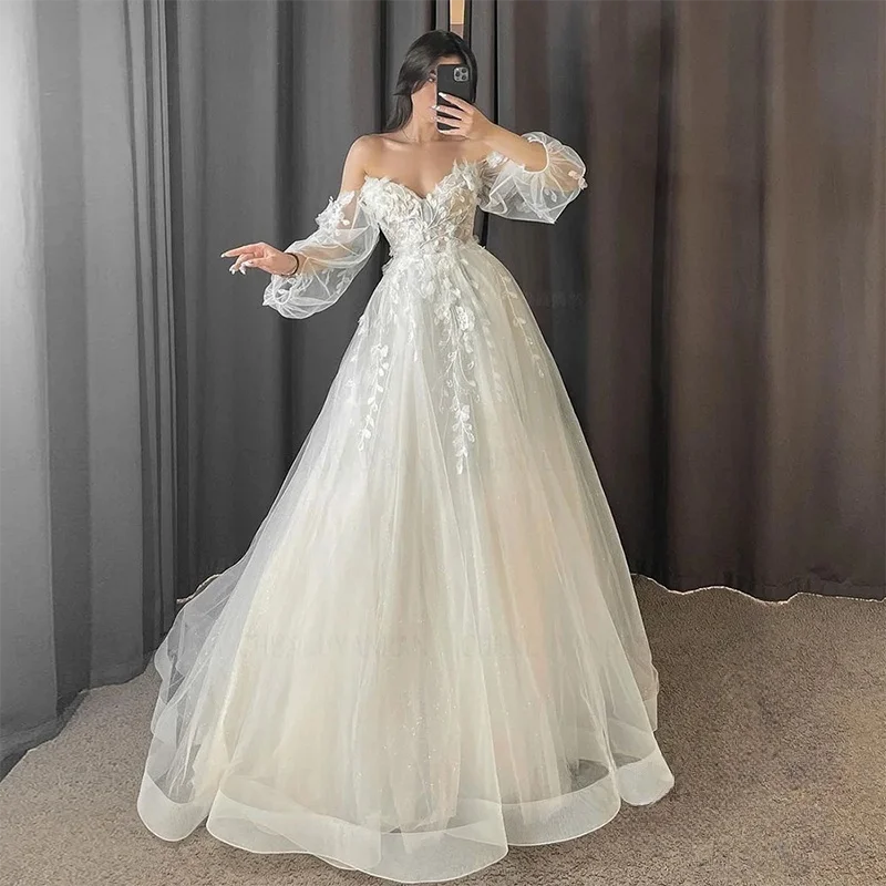 

Wedding Dresses 2024 Women Sweetheart Puff Sleeves Long Bride Dress Applique Illusion A-Line vestidos de novia Customized