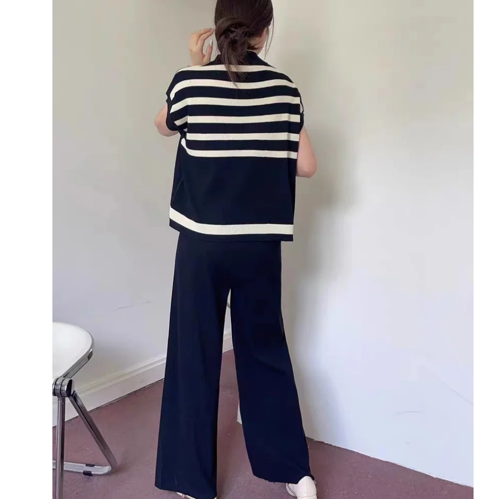 2024 New Elegant 2-piece Sets For Women Sweater Casual Pullovers Suits Knitted Loose Striped Sleeveless Tops Wide Leg Pants Sets