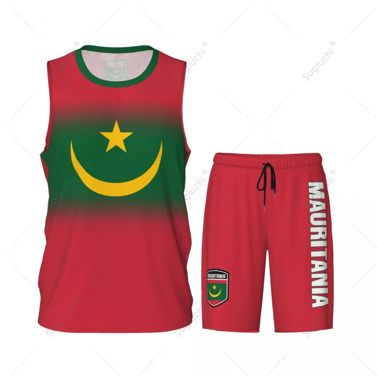 Herren-Basketball-Trikot-Set mit Mauretanien-Flagge, Netz-Shirt und Hose, ärmellos, exklusives Team-up, individueller Name, Nunber, Unisex