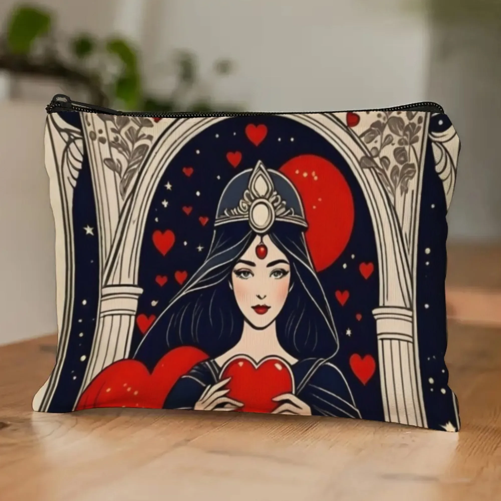 Mystical Tarot Heart Goddess Cosmetic Bag Navy Blue Background with Red Hearts & Arch Organizer Pouch for Mythology Lovers