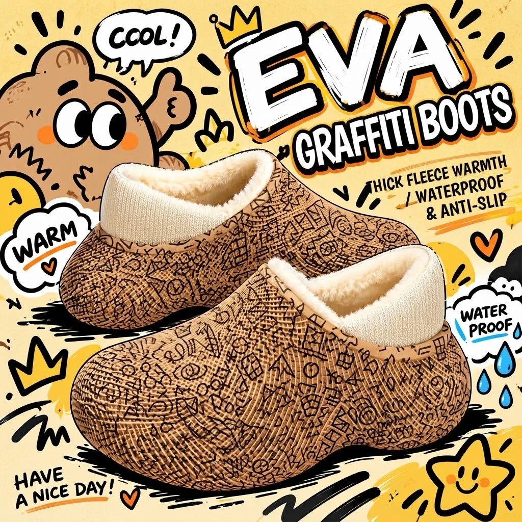 Winterwarme Baumwoll-Hausschuhe für Damen und Herren, wasserdichte EVA-Doodle-Stiefel, mit Fleece gefüttert, dicke Sohle, rutschfest, für drinnen und draußen, Hausschuhe – Detail 1