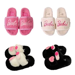 Cartoon Fashion Barbie Autumn and Winter Thick-Soled Fur Slippers for Girls, Cute and Versatile Hot Girl Lamb Wool Flip-Flops