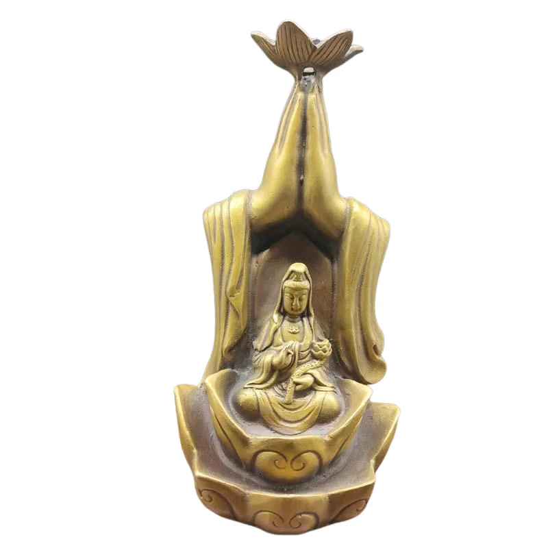 

Tibet Buddhism Copper Statue Antique brass Guanyin bodhisattva hand Lotus Bergamot backflow Incense burner ornaments