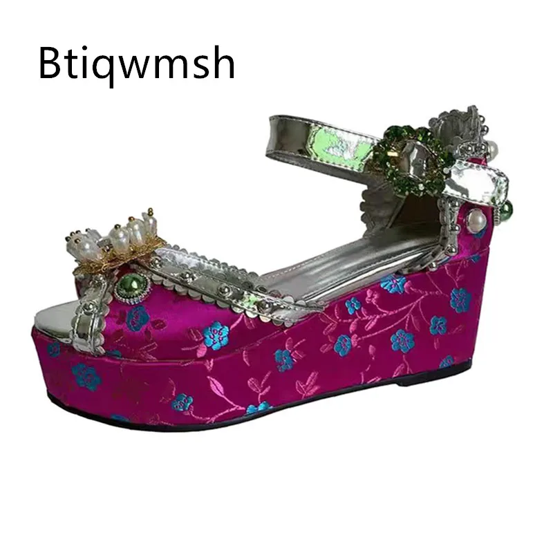 

Розовые, зеленые сандалии со стразами и жемчугом, женские туфли-лодочки на высоком каблуке с открытым носком и ремешком на щиколотке, женская пикантная обувь для вечеринок