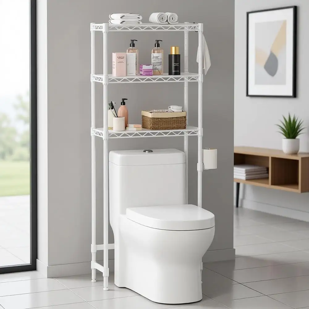 

Трехуровневый регулируемый металлический органайзер для ванной комнаты с держателем для туалетной бумаги и крючками, экономит место в небольших ванных комнатах, 10D x 24W x 66H (см)