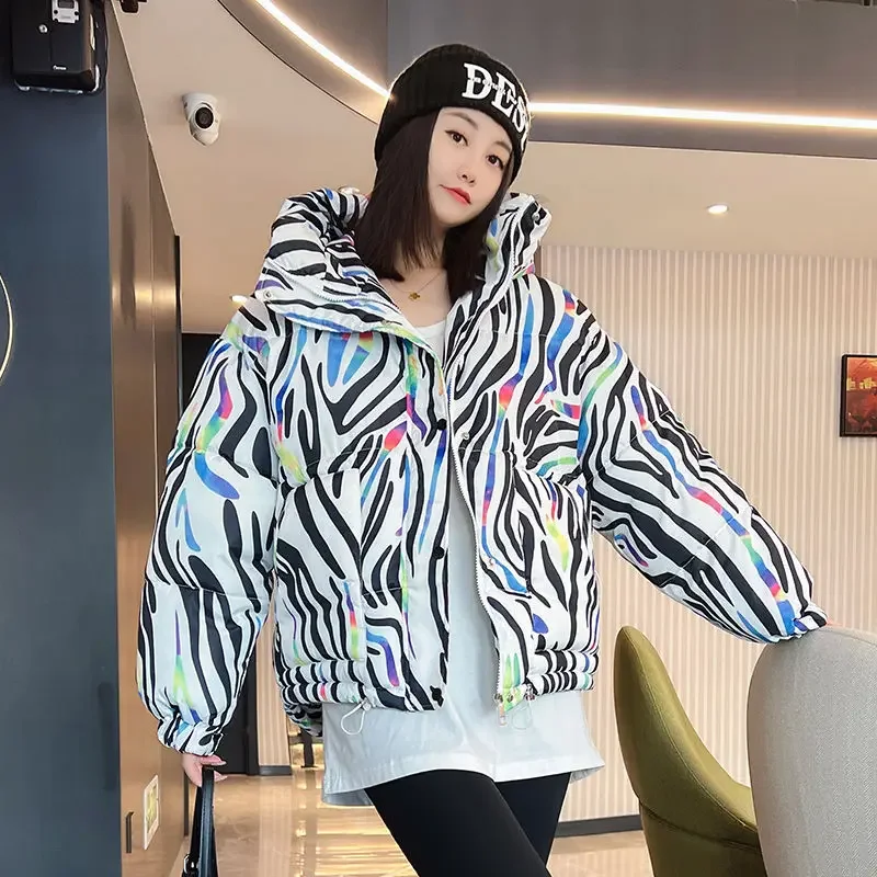 2024 Winter Women's Short Loose Hooded Fashion with Korean Version Bread Dress Flower Cotton-padded Jacket Large Size Tide